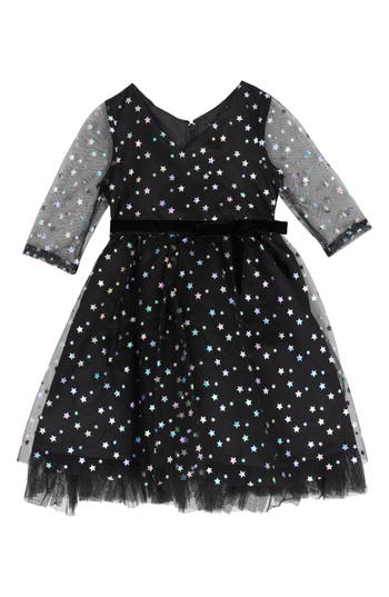 Rare Editions Kids' Foil Stars Mesh Party Dress In Black