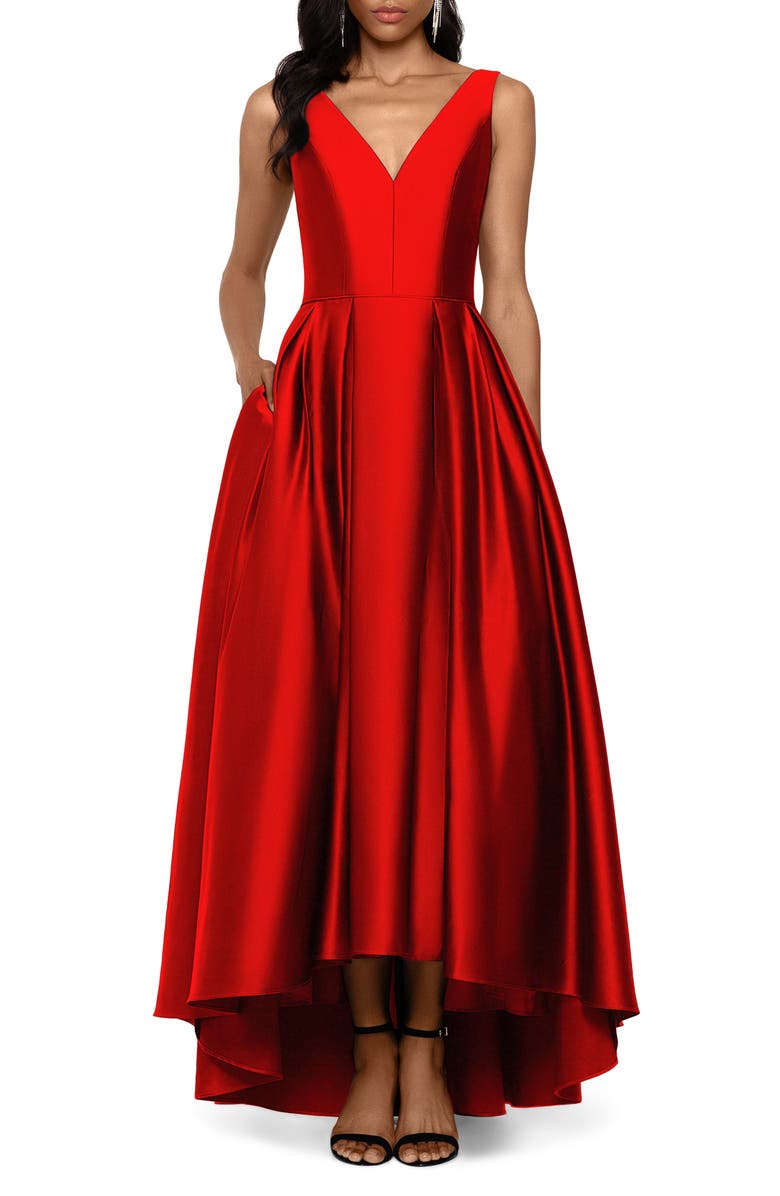Betsy & Adam V-Neck High/Low Satin Ballgown, Main, color, 