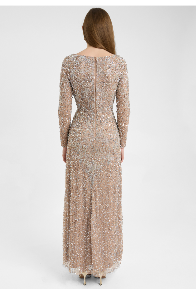 Modest Embellished Sequin Beaded Dress Maxi With Detailed Design, Alternate, color, TAUPE BLUSH