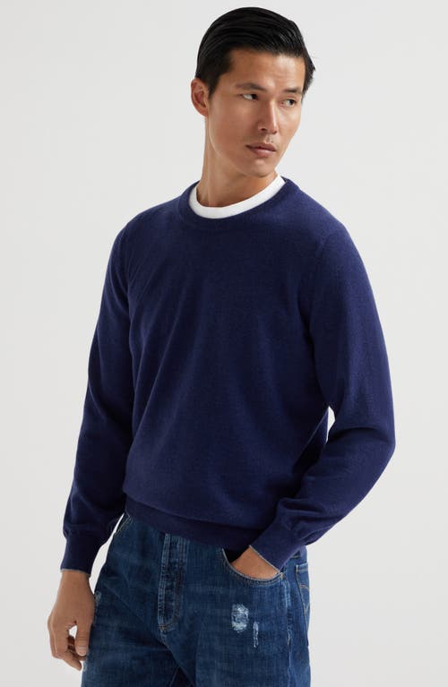 Brunello Cucinelli Cashmere Crewneck Sweater With Ribbed Finish In Azure