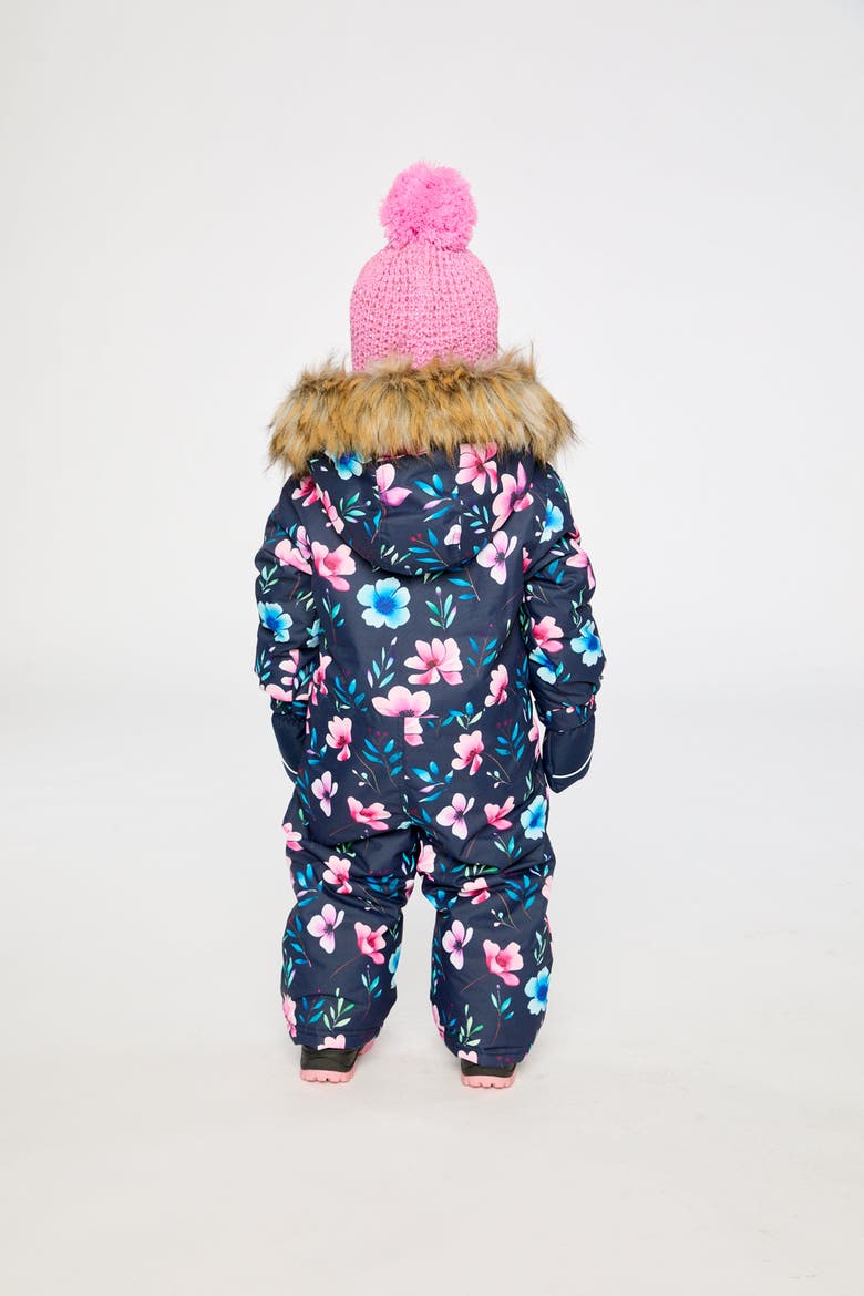 Play Floral Faux Fur Hood Car Seat One Piece Snowsuit, Alternate, color, Blue Floral Print
