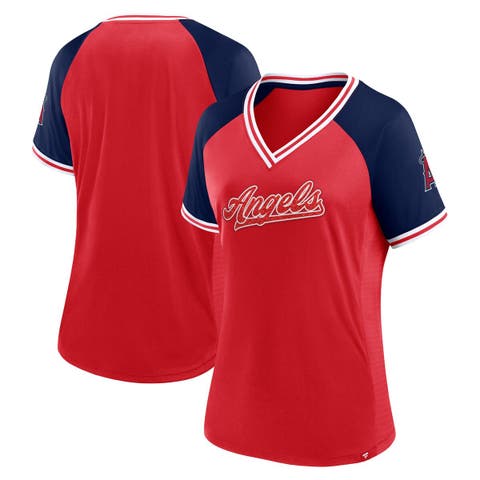 Women's Fanatics Branded Red Los Angeles Angels Glitz & Glam League Diva Raglan V-Neck T-Shirt
