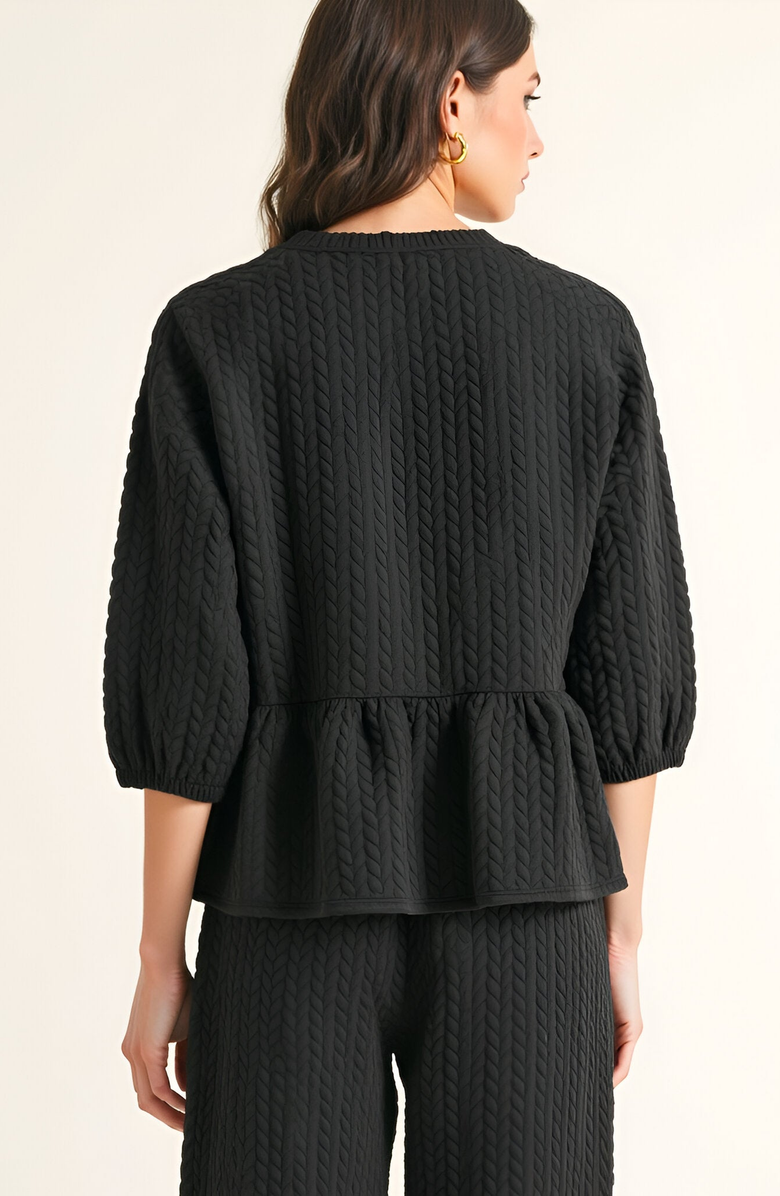 Modenaire Textured Peplum Top and Wide-Leg Pant Set with Relaxed Silhouette, Alternate, color, 