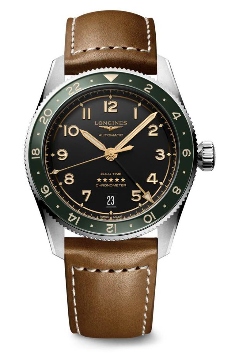 Spirit Zulu Time GMT Automatic Leather Strap Watch, 39mm, Main, color, BLACK/ ANTHRACITE