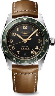 Longines Spirit Zulu Time GMT Automatic Leather Strap Watch, 39mm