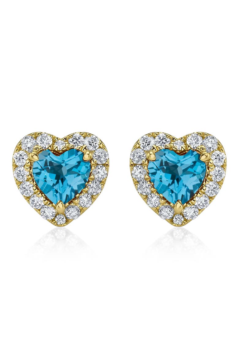 Heart Lab Blue Topaz & Round Diamond Halo Stud Earrings 14K 0.68ct, Main, color, Topaz/Yellow Gold