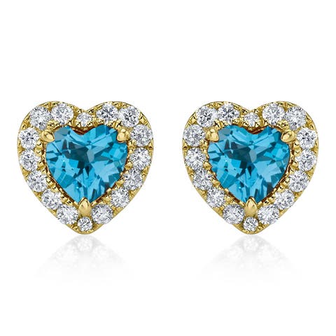 Heart Lab Blue Topaz & Round Diamond Halo Stud Earrings 14K 0.68ct