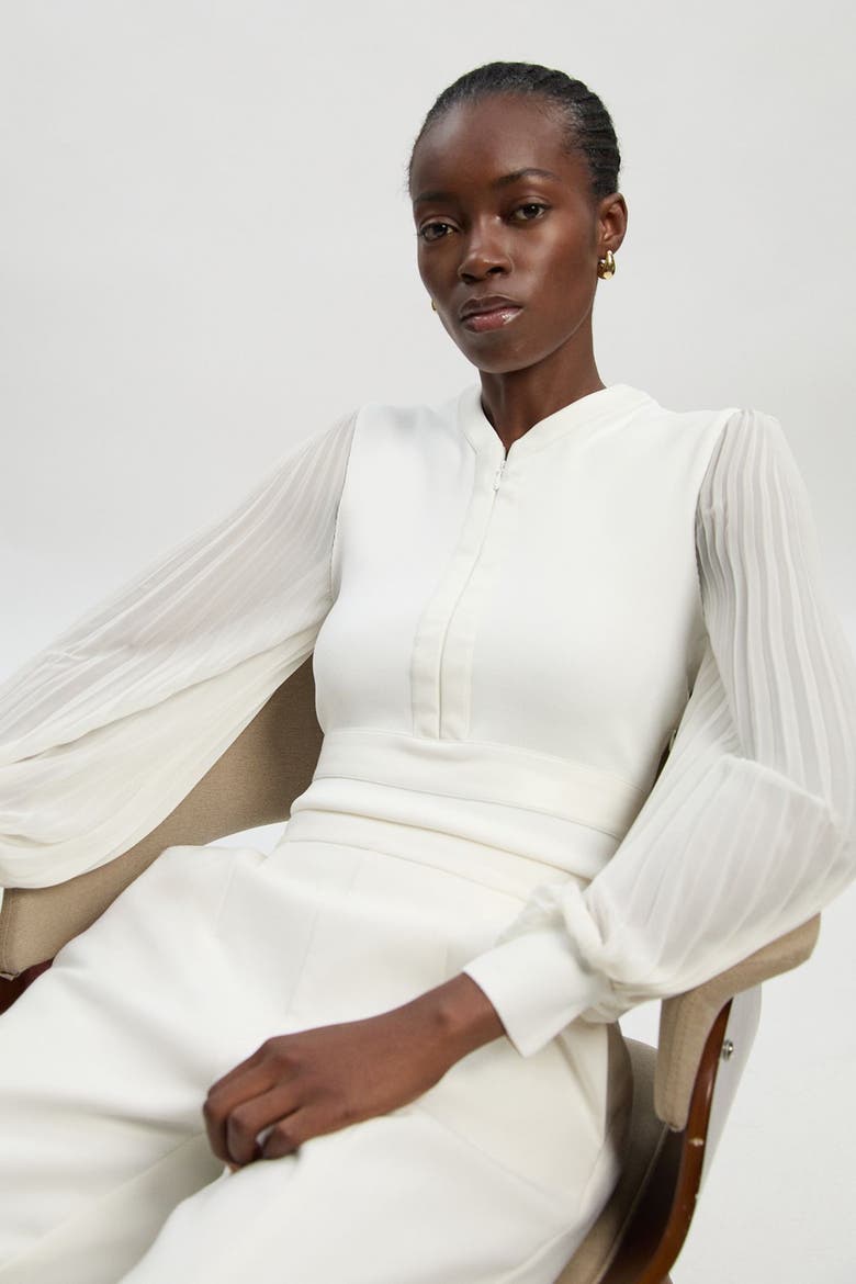 Pleated Sleeve Zip-Neck Top, Alternate, color, Ivory