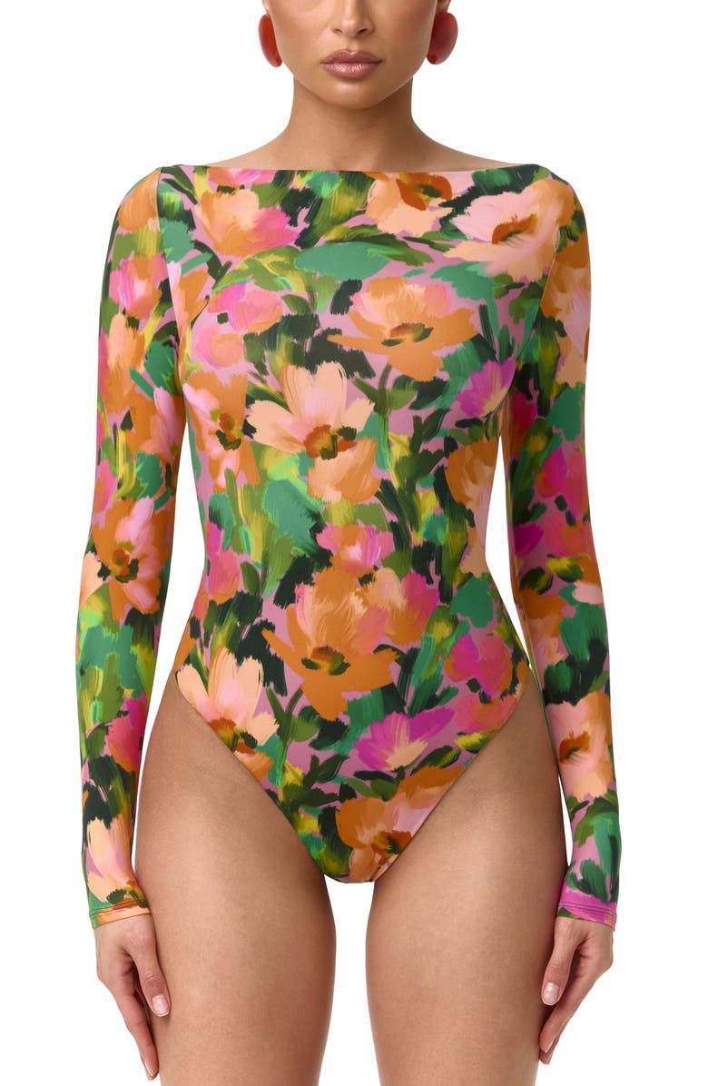 Naked Wardrobe Naked Floral Long Sleeve Bodysuit, Main, color, Secret Garden