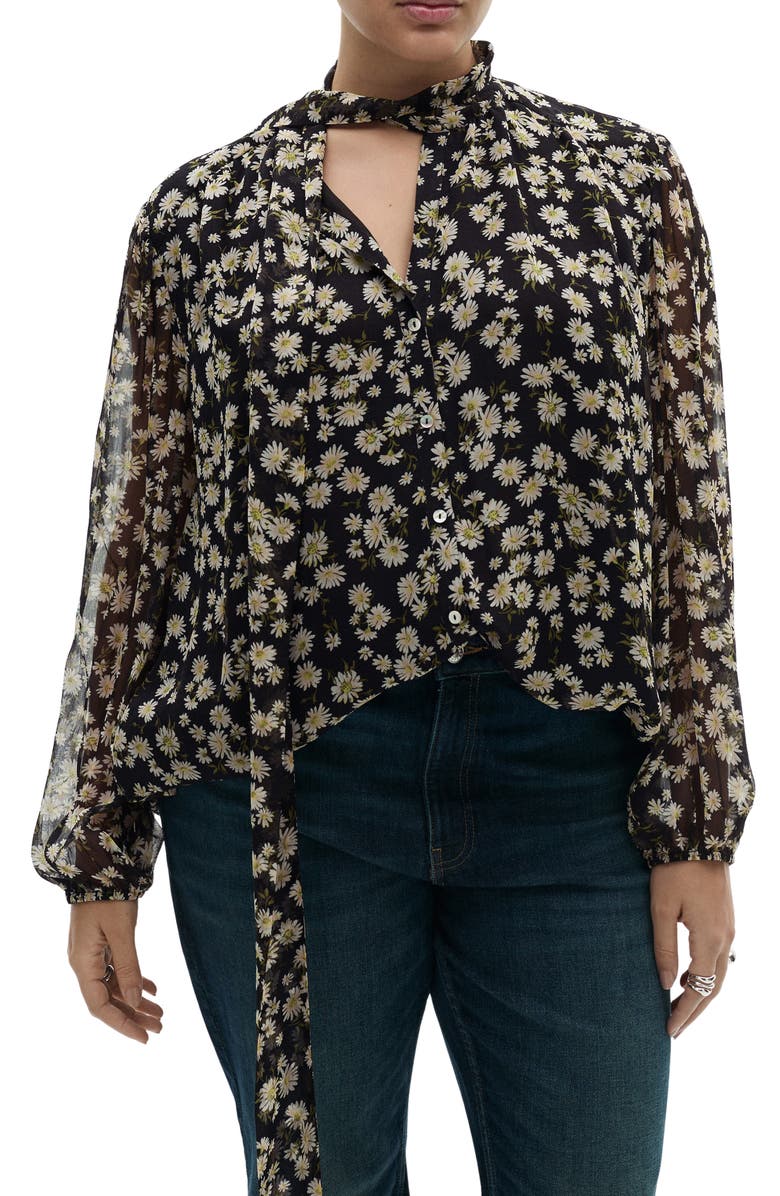 MANGO Belle Floral Chiffon Tie Neck Top, Alternate, color, Black