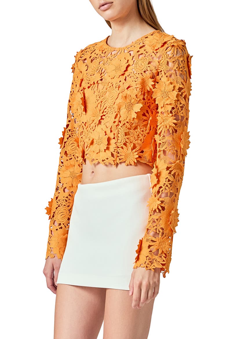 Floral Lace Long Sleeve Crop Top, Alternate, color, ORANGE