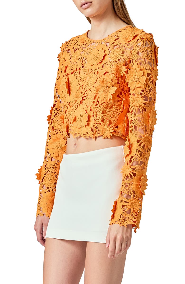 Endless Rose Floral Lace Long Sleeve Crop Top, Alternate, color, Orange