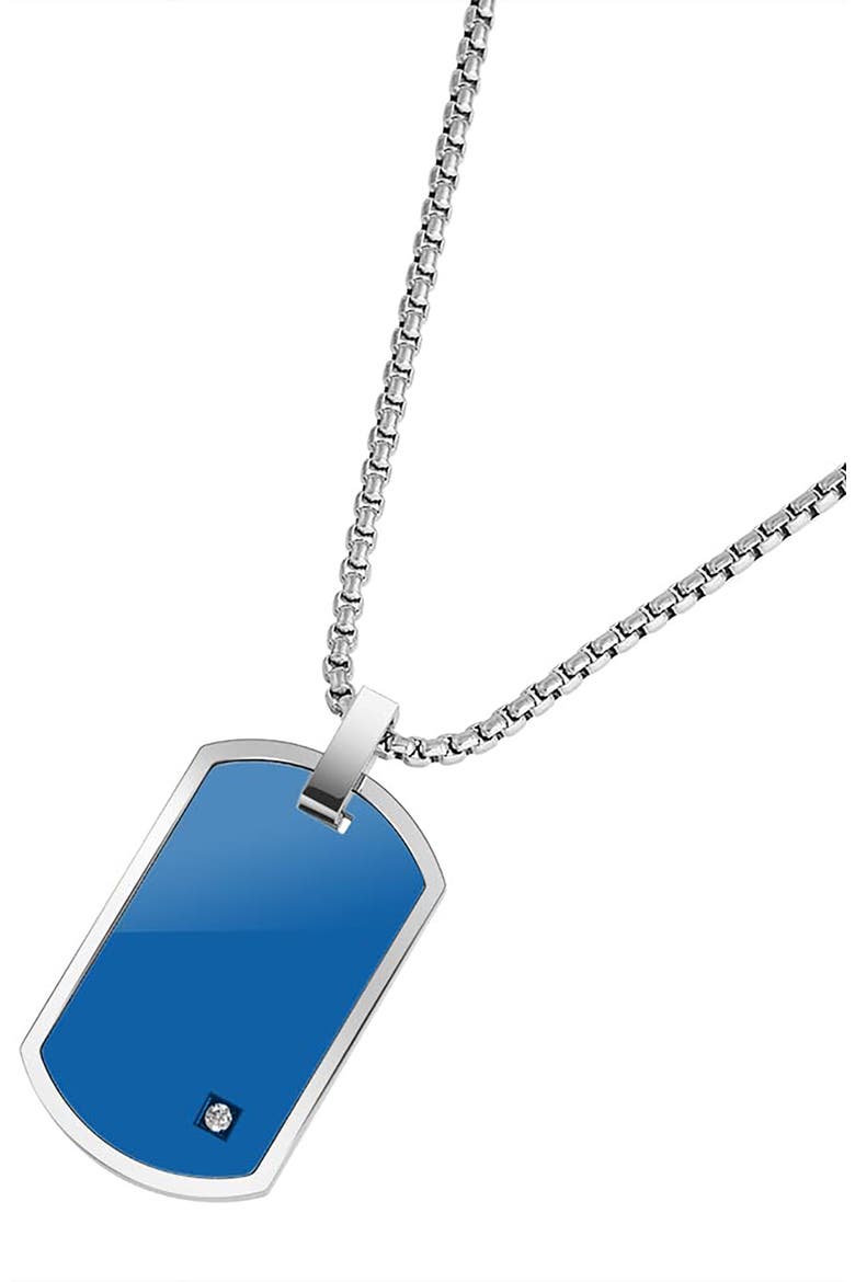 Men's Stainless Steel Cubic Zirconia Dog Tag Pendant Necklace, Alternate, color, BLUE