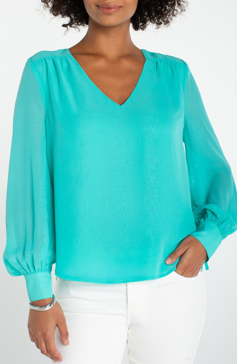 Liverpool Los Angeles Shirred Sleeve Chiffon Top, Main, color, Waterfall Teal