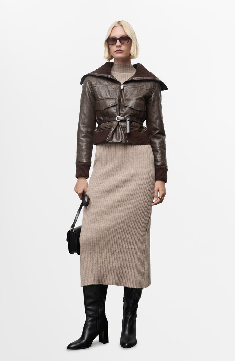 MANGO Rib Long Sleeve Midi Sweater Dress, Alternate, color, Medium Brown