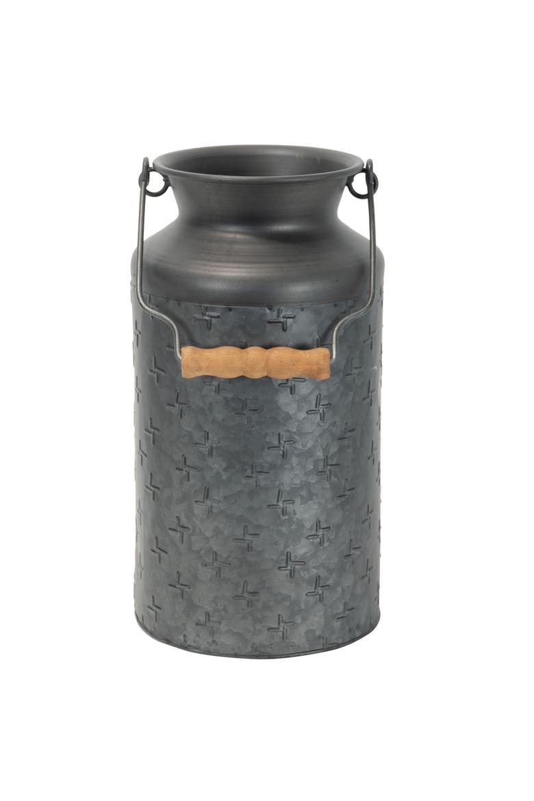 Black Galvanized Metal Decorative Vase with Wood Handle, Main, color, Black
