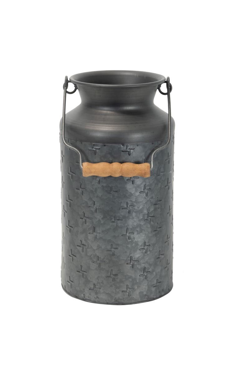 Foreside Home and Garden Black Galvanized Metal Decorative Vase with Wood Handle, Main, color, Black