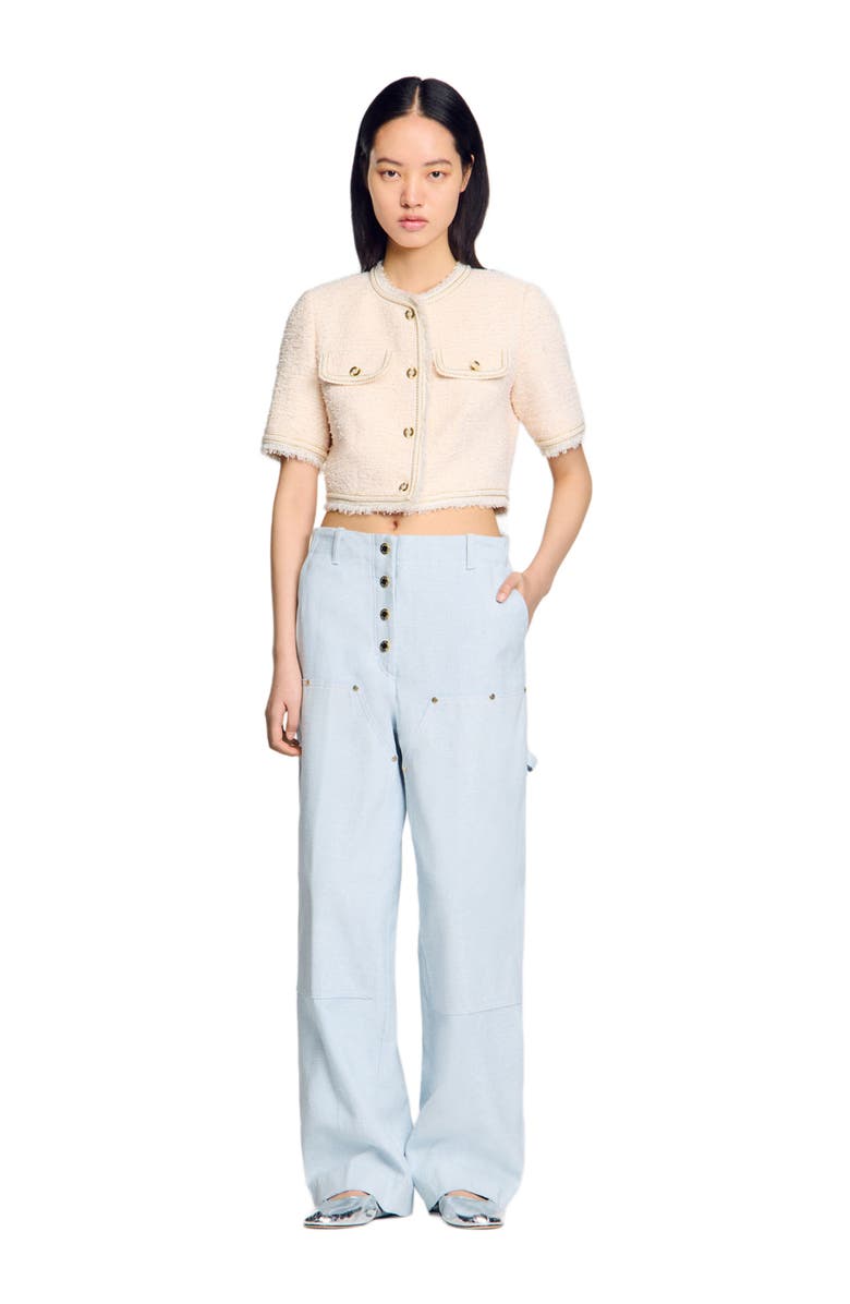 SANDRO Short-sleeved tweed jacket, Alternate, color, Ecru / Pink