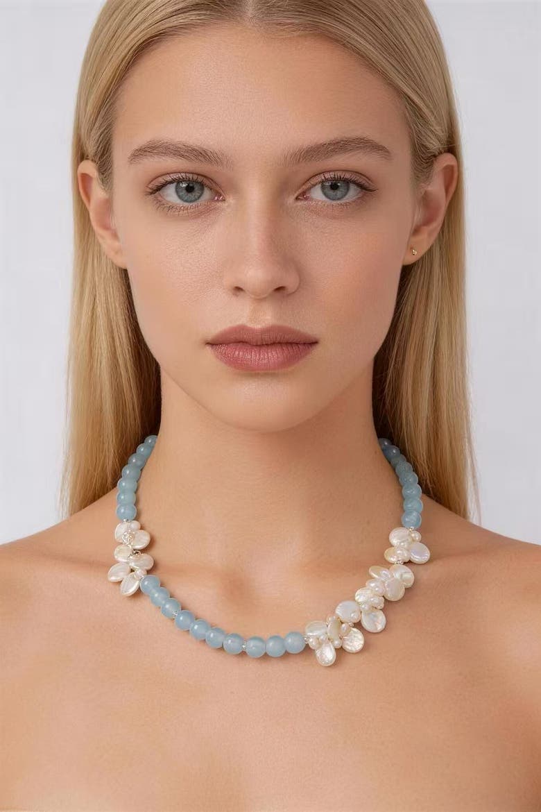 Aquamarine & Pearl Choker Necklace, Alternate, color, Blue