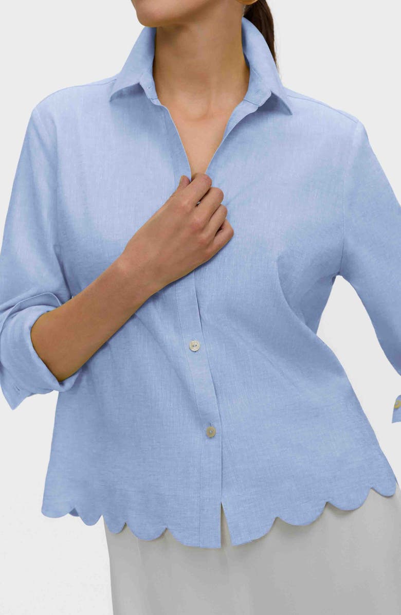 Foxcroft Scallop Hem Linen Blend Button-Up Shirt, Alternate, color, Powder Blue