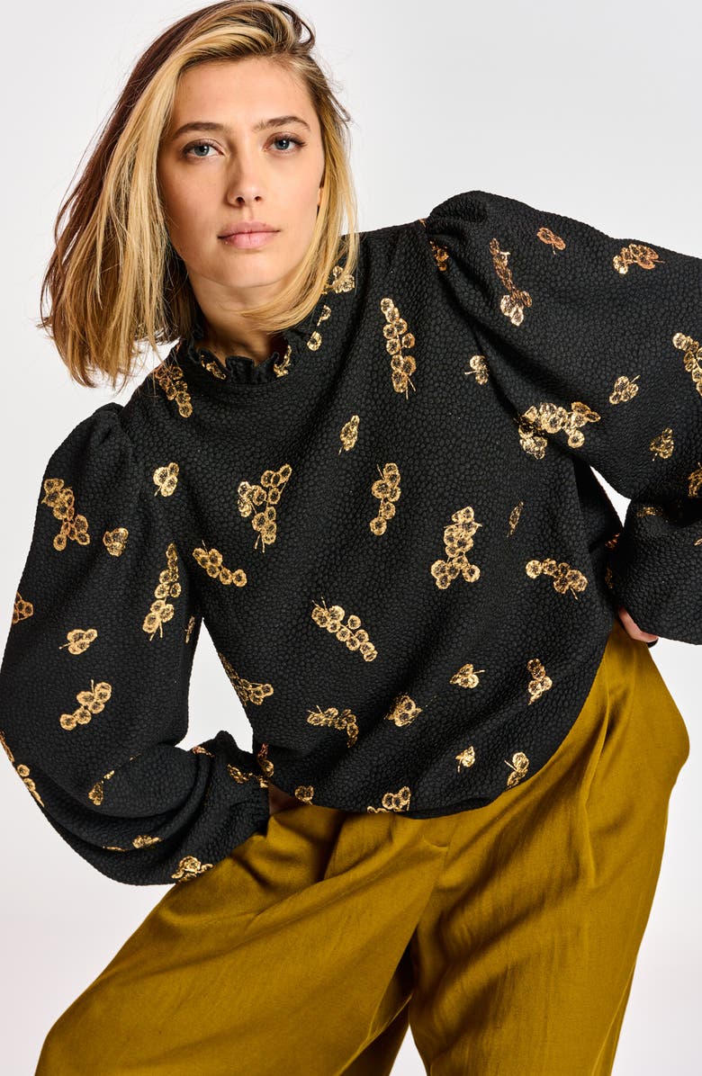 Essentiel Antwerp Adries Gold Floral Ruffle Neck Top, Alternate, color, 