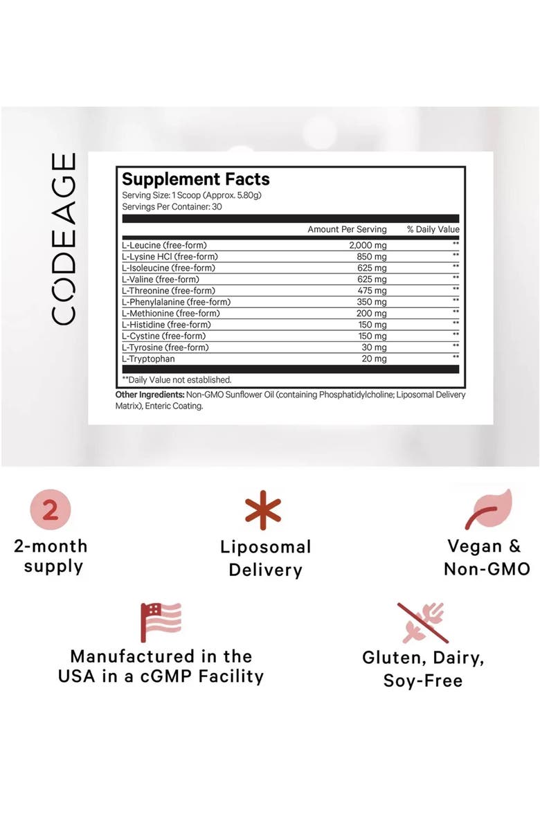 Codeage Liposomal Multi Amino+ BCAA Powder Supplement, Alternate, color, White