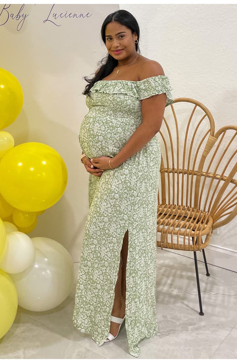 PinkBlush Floral Ruffle Off Shoulder Maxi Dress, Alternate, color, Light Olive