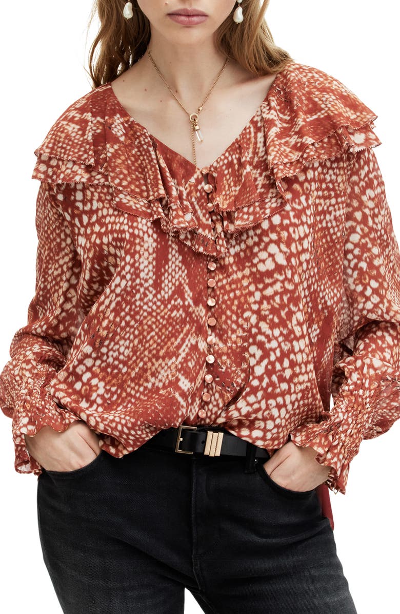 AllSaints Phoebe Waimea Ruffle Top, Main, color, 