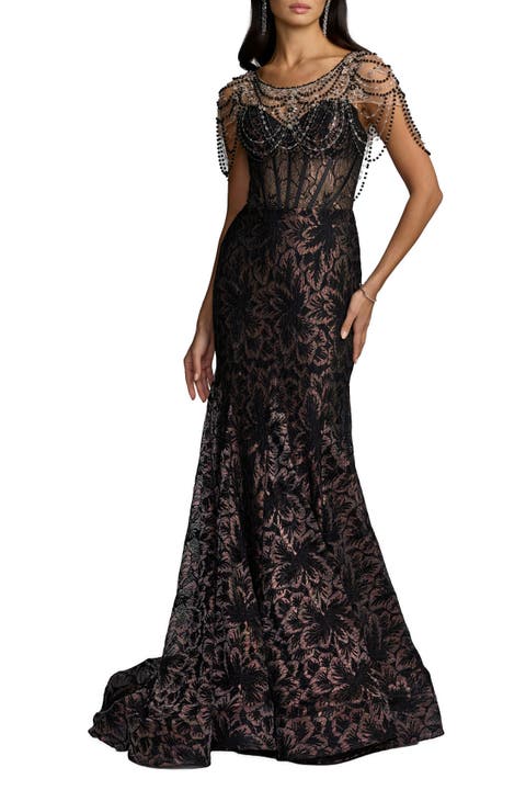 Lace Corset Gown With Draped Beading