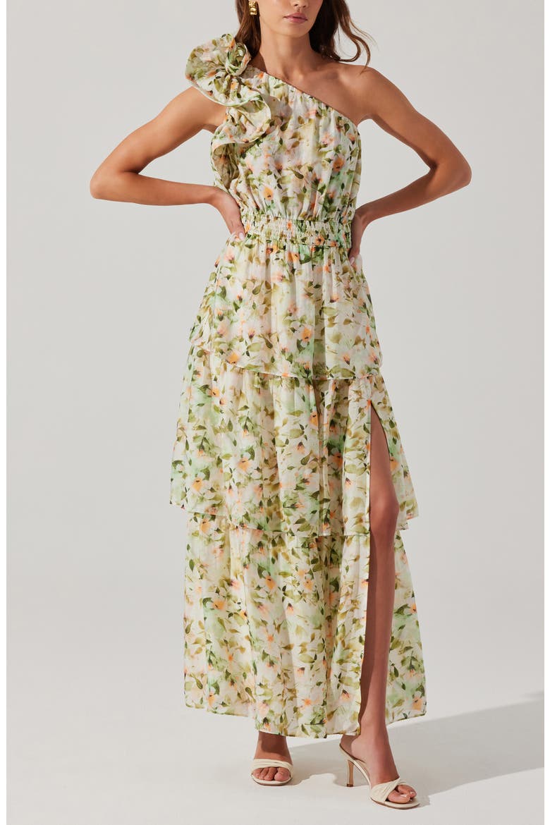 Imelda Floral One-Shoulder Dress, Alternate, color, GREEN FLORAL