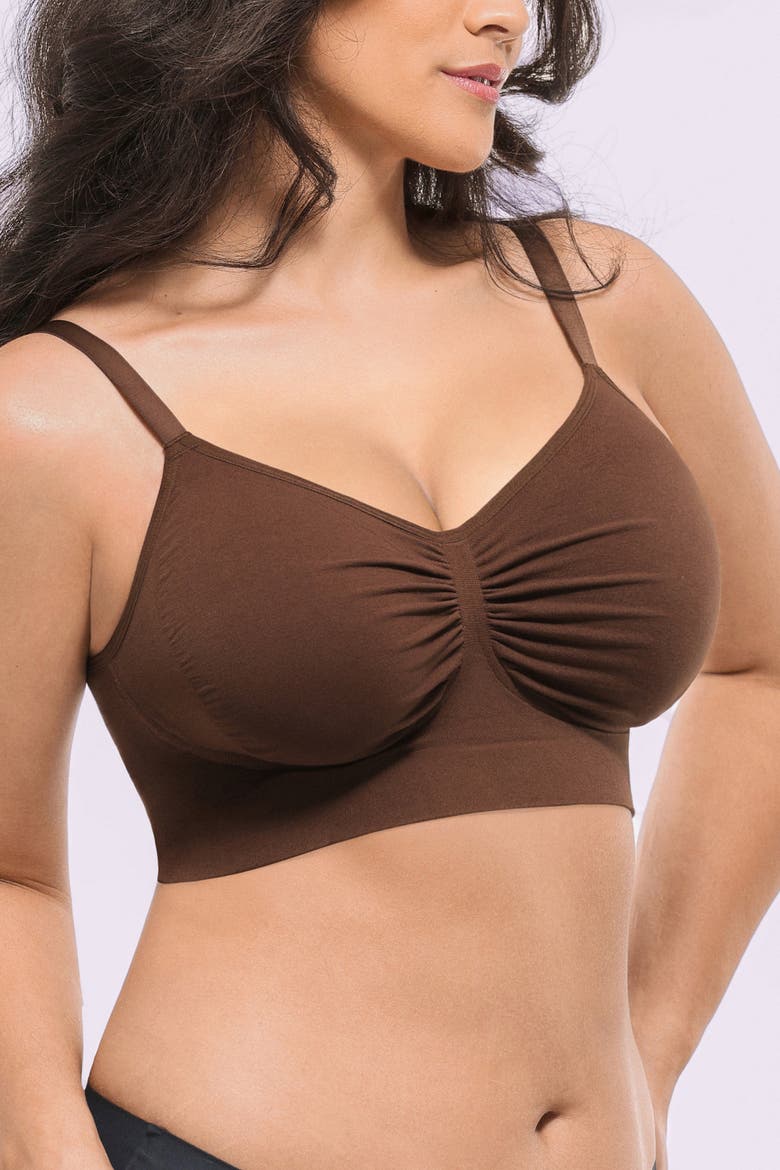 Wireless Seamless Comfy Non Padded V Neck Bra, Alternate, color, Brown