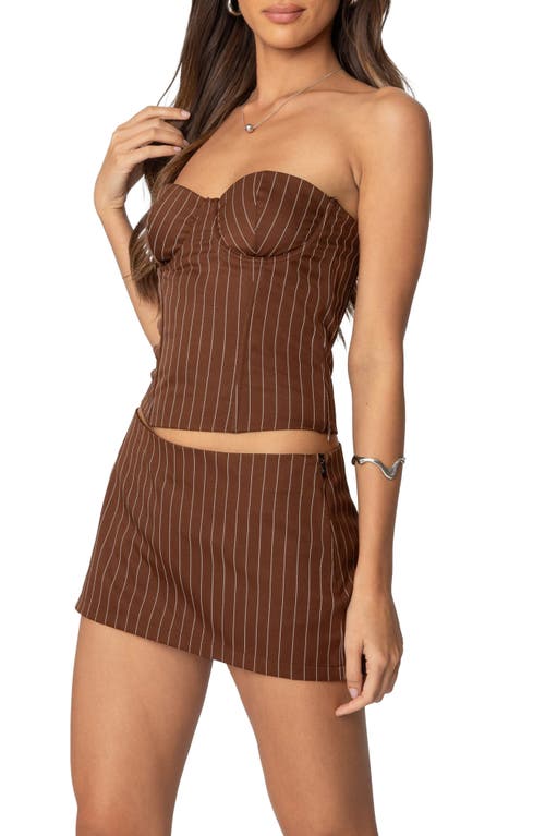 Shop Edikted Jennifer Pinstripe Lace-up Strapless Corset Top In Brown
