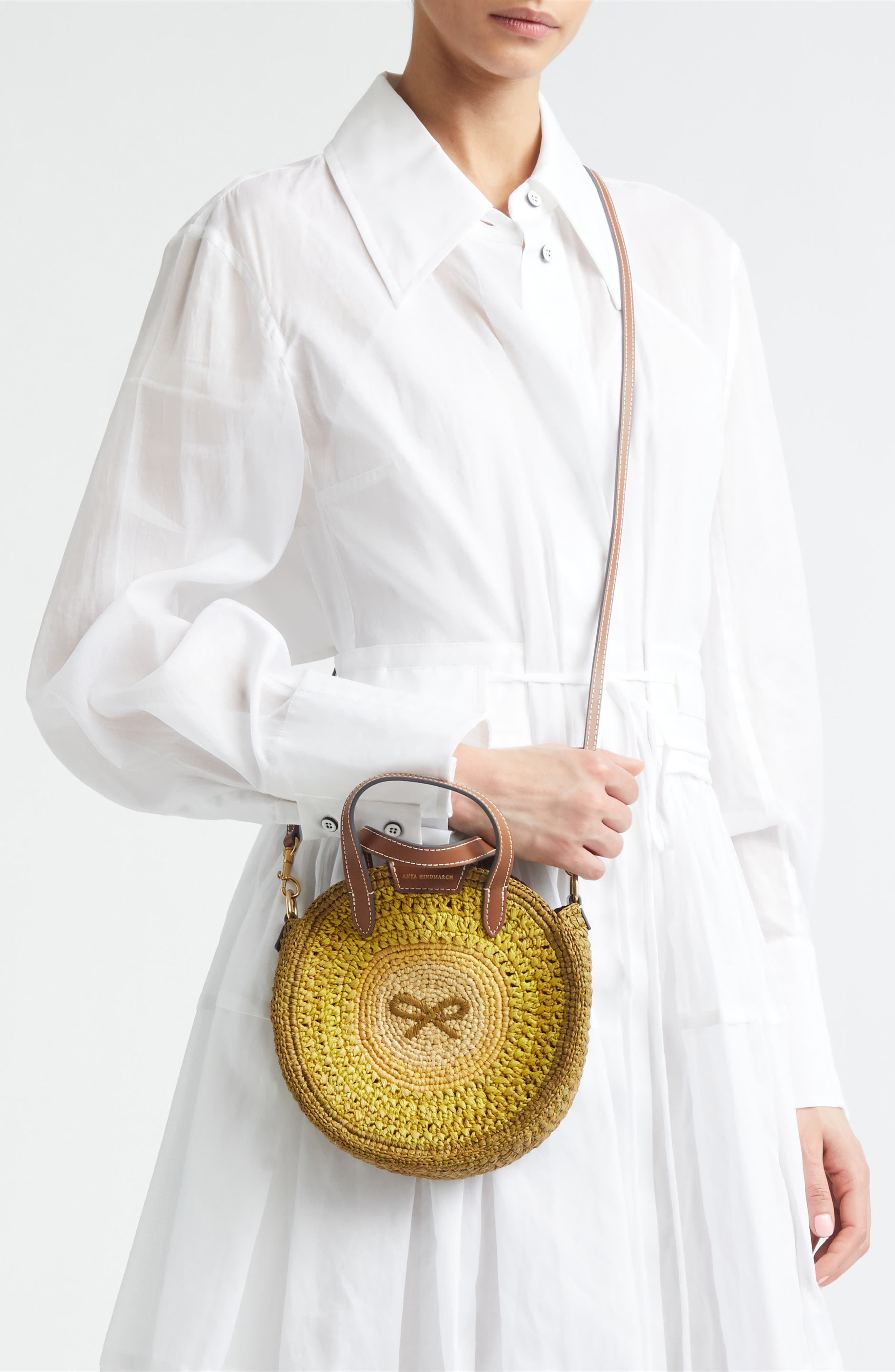 Anya Hindmarch Small Bow Round Raffia Tote, Alternate, color, Gordal