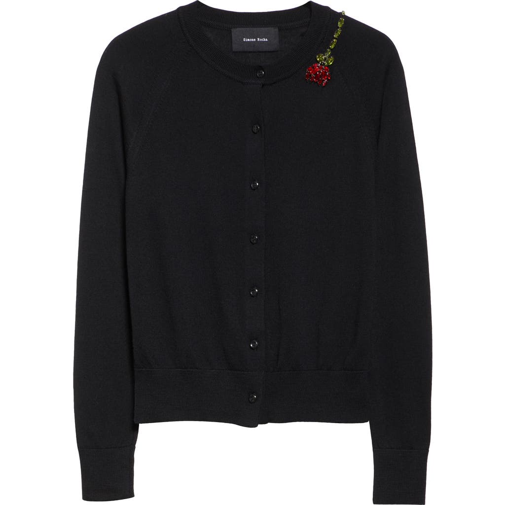 Simone Rocha Crystal Carnation Merino Wool & Silk Cardigan In Black/red Multi