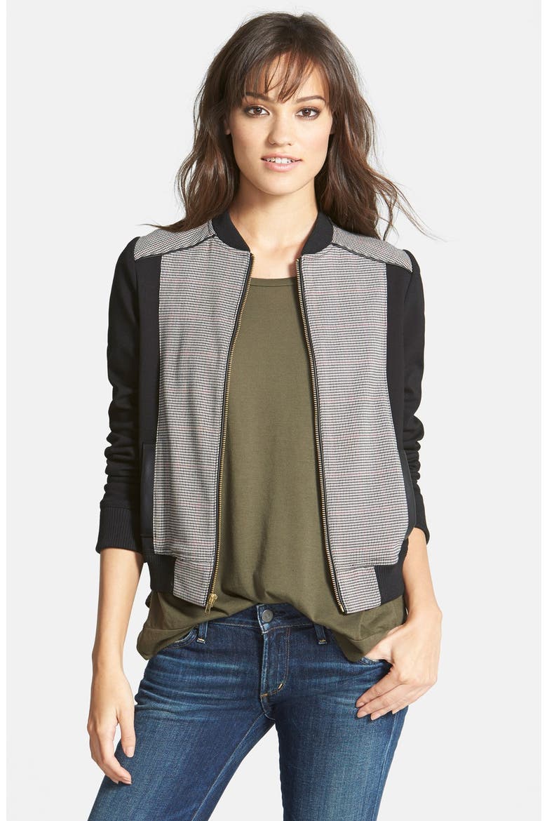 Baseball Jacket, Main, color, BLACK WITH HERRINGBONE PLAID