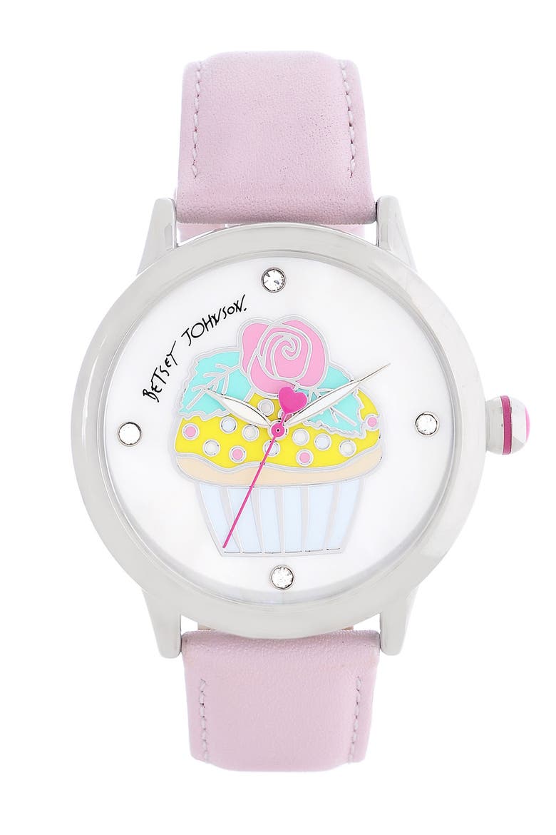 Cupcake Dial Leather Strap Watch, Main, color, PINK/ SILVER