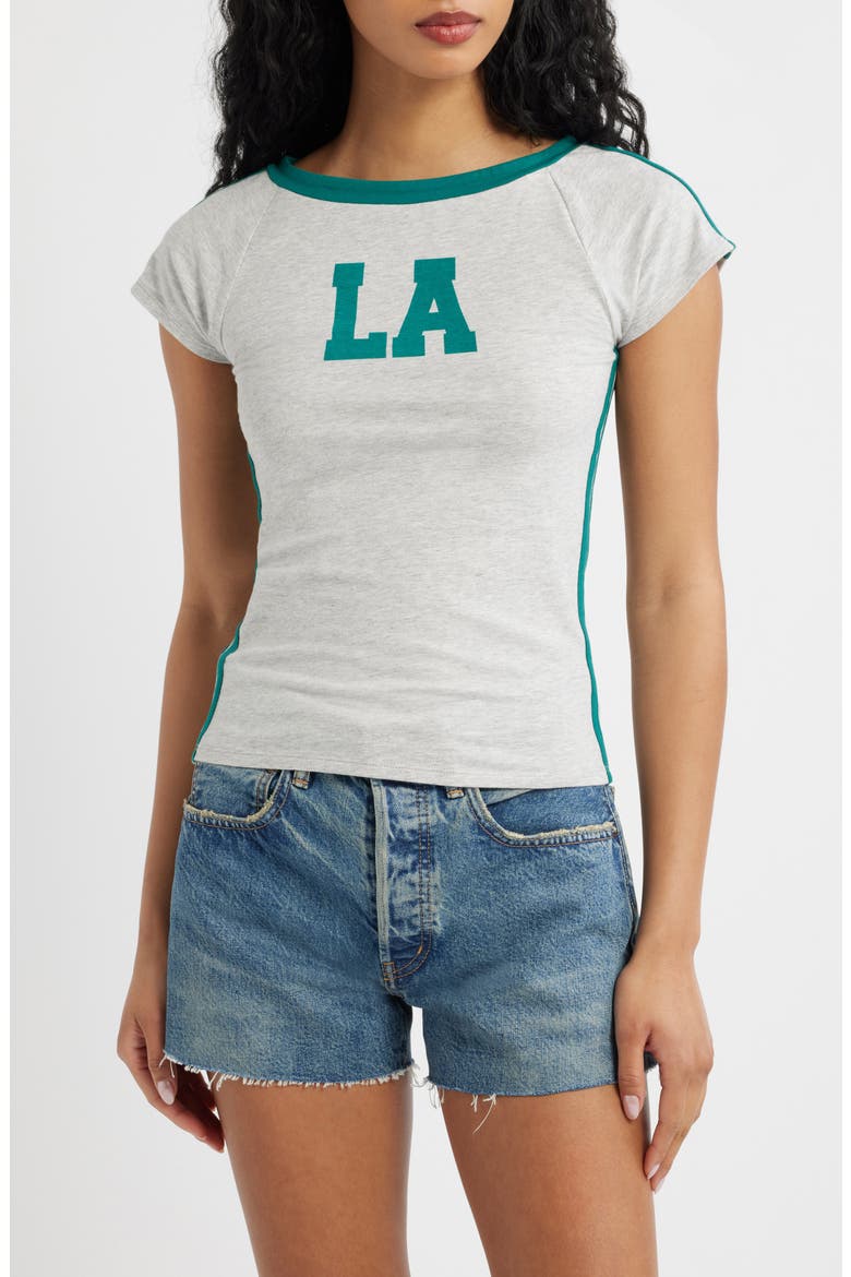 LA Off the Shoulder Graphic Ringer T-Shirt, Main, color, HEATHER GREY