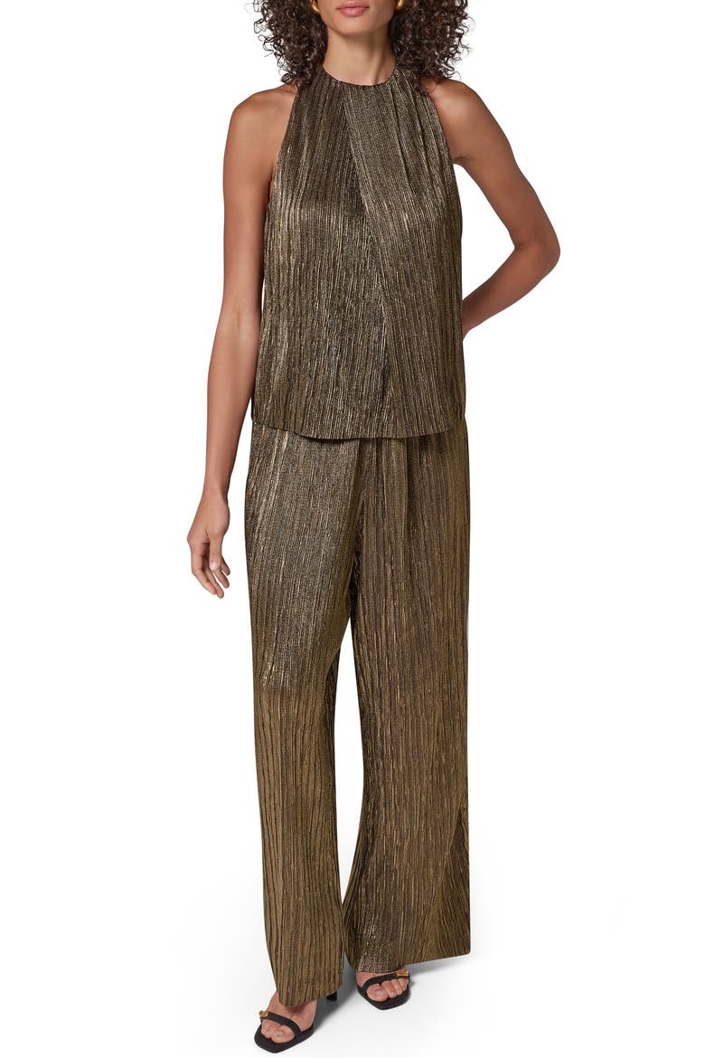 Pleated Halter Neck Crinkle Top, Alternate, color, BLK/ GD FOI