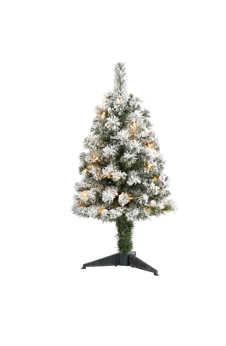 NEARLY NATURAL 3-ft Flocked West Virginia Fir Artificial Christmas Tree with 50 Clear LED Lights, Main, color, Green