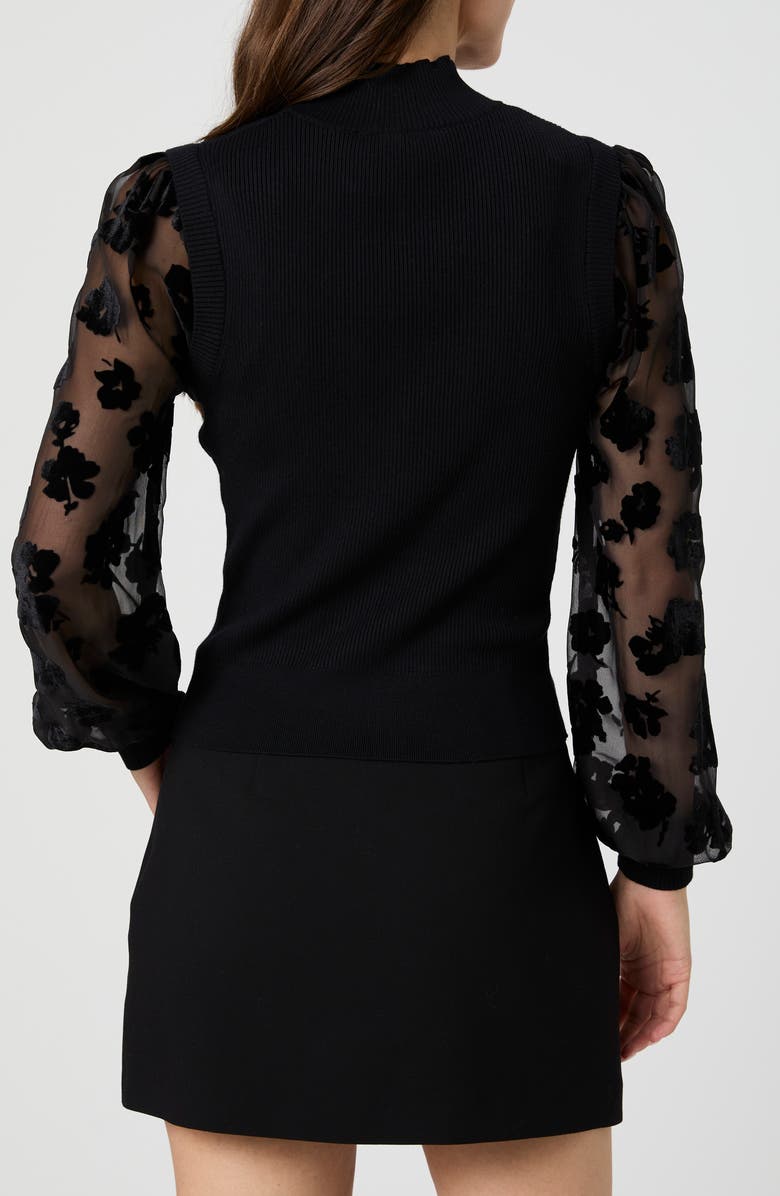 French Connection Mixed Media Burnout Velvet Sleeve Sweater, Alternate, color, Black