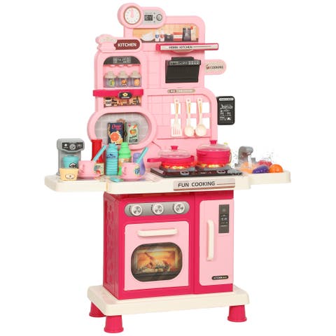 Play Kitchen with Lights, Sounds, 33 PCS Accessories Kids Kitchen Playset with Water Sink, Storage, Pink