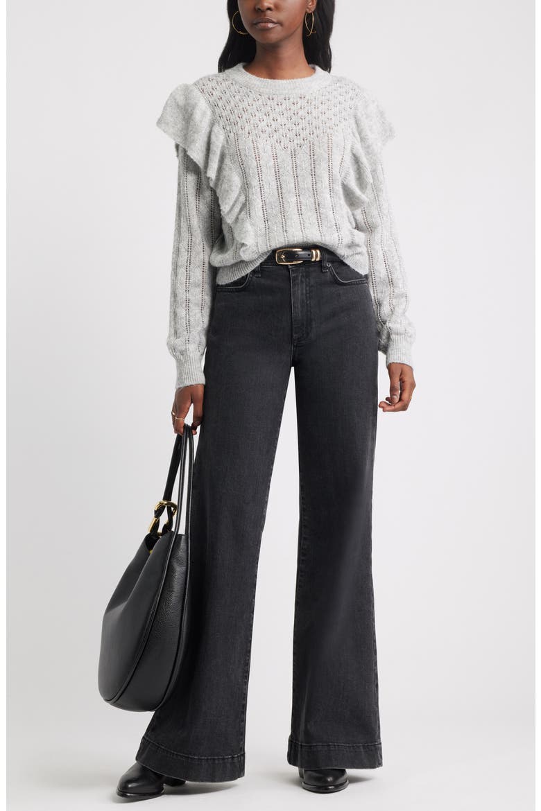 Ruffle Pointelle Sweater, Alternate, color, GREY HEATHER