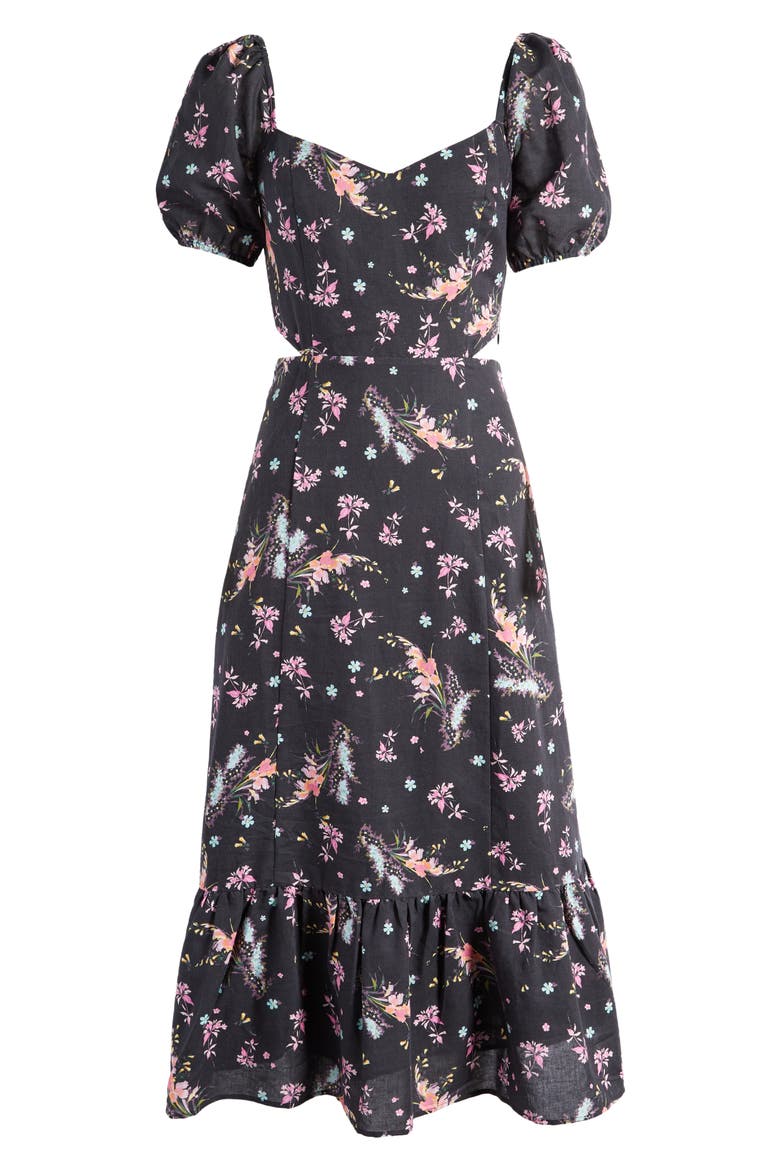 Linh Floral Cutout Puff Sleeve Linen & Cotton Sundress, Alternate, color, BLK MLTI