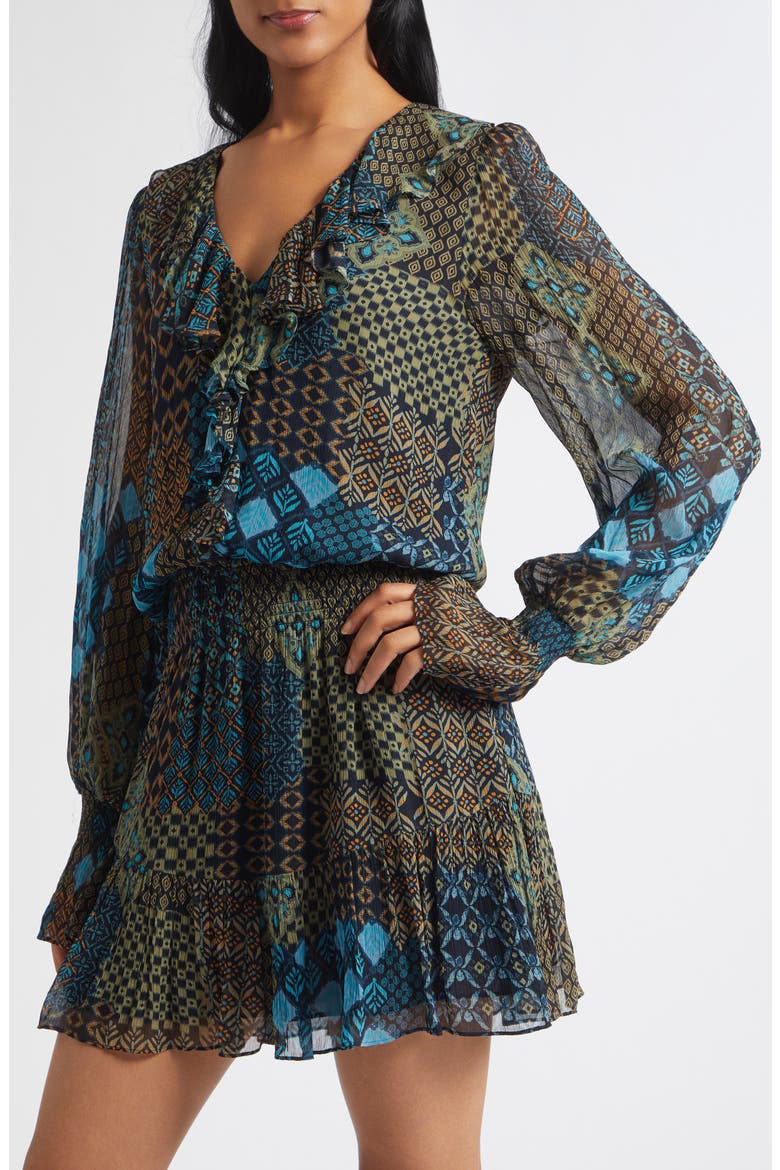Astrid Print Ruffle Long Sleeve Minidress, Alternate, color, NAVY MULTI