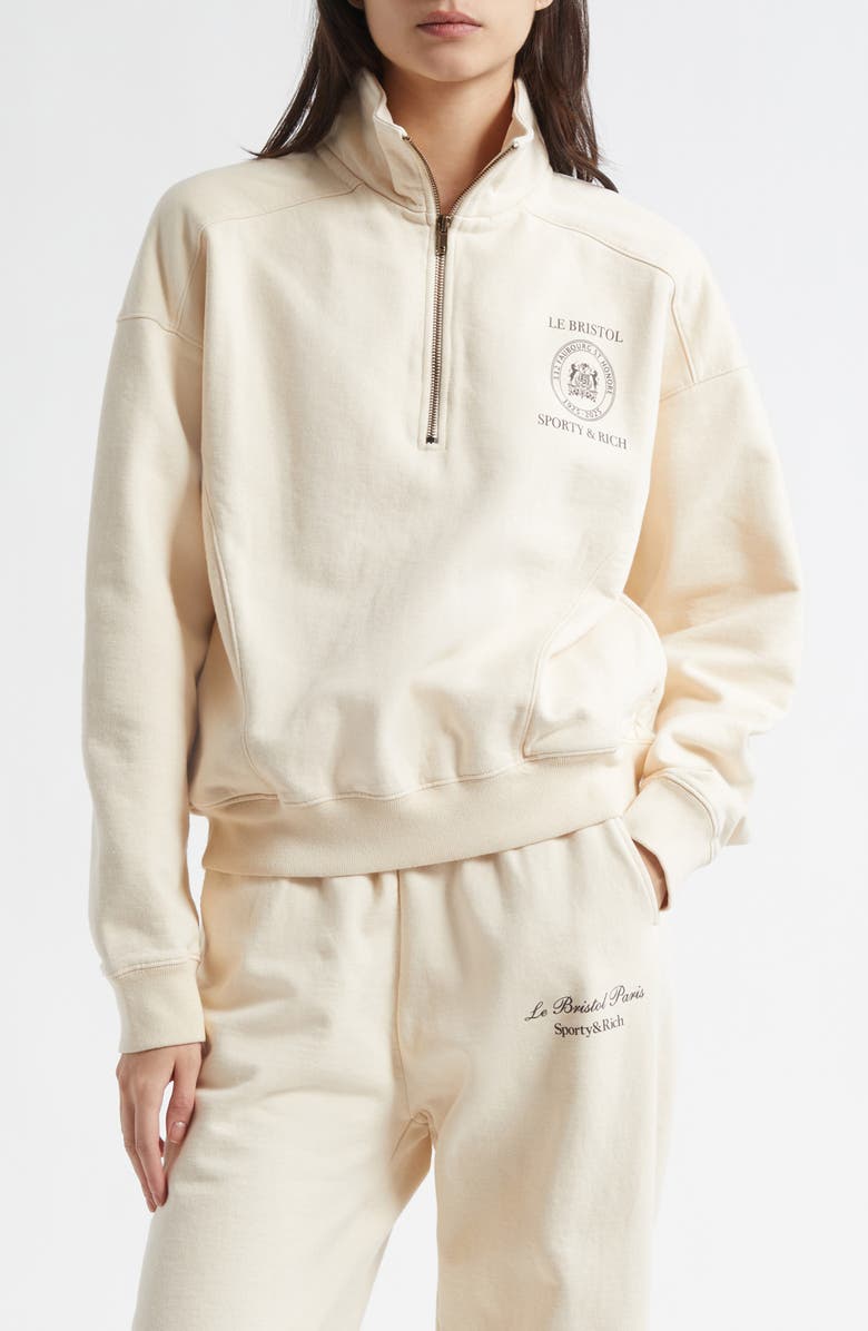 Sporty & Rich x Le Bristol Paris Faubourg Quarter Zip Pullover, Main, color, 