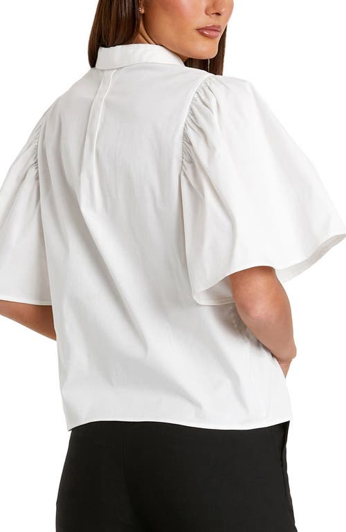 Mac Duggal Stretch Cotton Flare Ruffle Sleeve Button Up Top In White