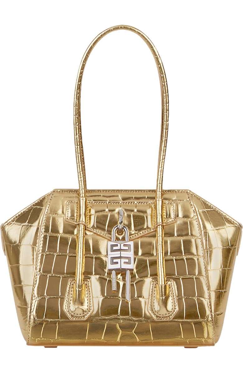 Givenchy Mini Antigona Lock Croc Embossed Metallic Leather Satchel, Main, color,