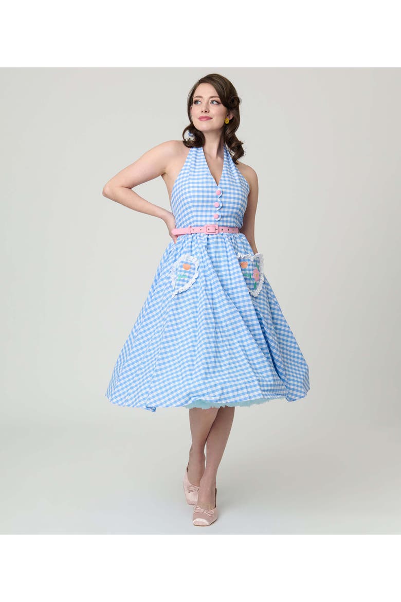 Belted Scallop Front Halter Swing Dress, Main, color, Blue Gingham Floral