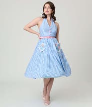Unique Vintage Belted Scallop Front Halter Swing Dress