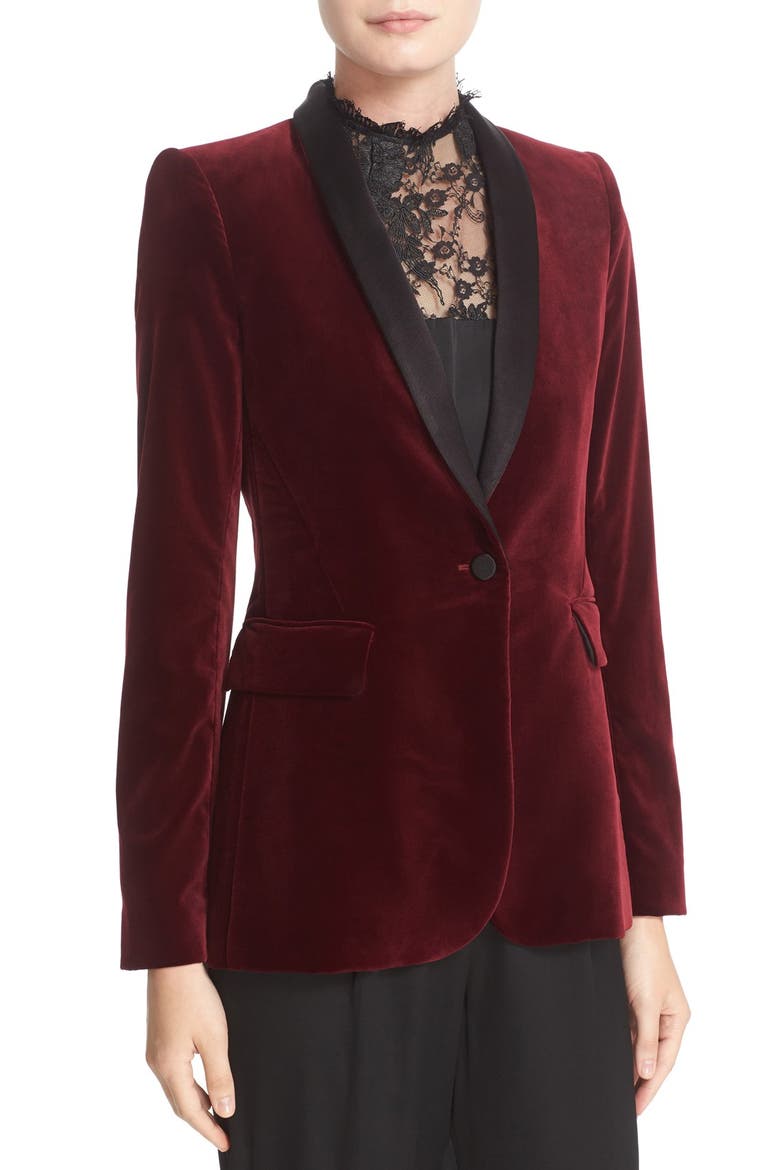 'Macey' Satin Lapel Velvet One-Button Blazer, Alternate, color, BORDEAUX/ BLACK